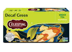 Celestial Seasonings decaf green tea bags in recyclable packaging for eco-friendly brewing.