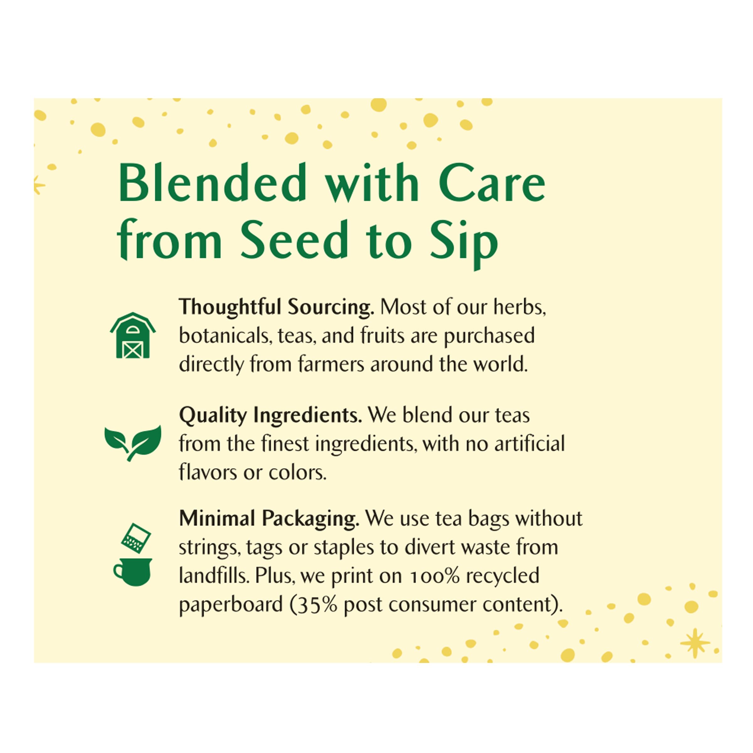 Stringless Celestial Seasonings tea bags reduce waste and simplify brewing.