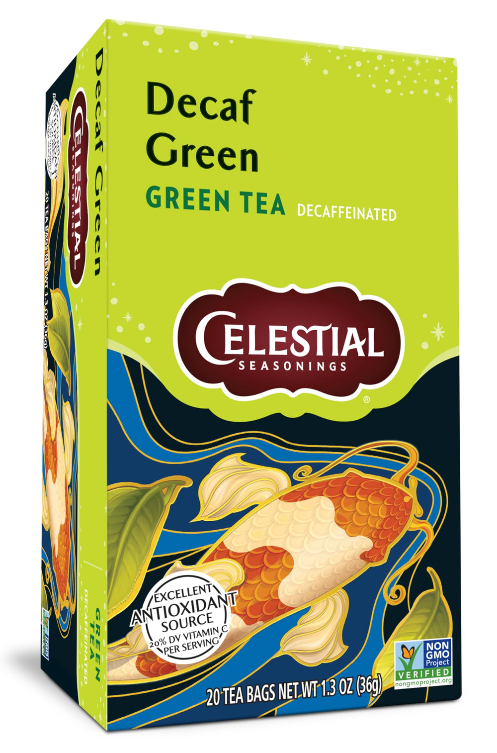 Close-up of Celestial Seasonings green tea leaves used in the decaf blend.