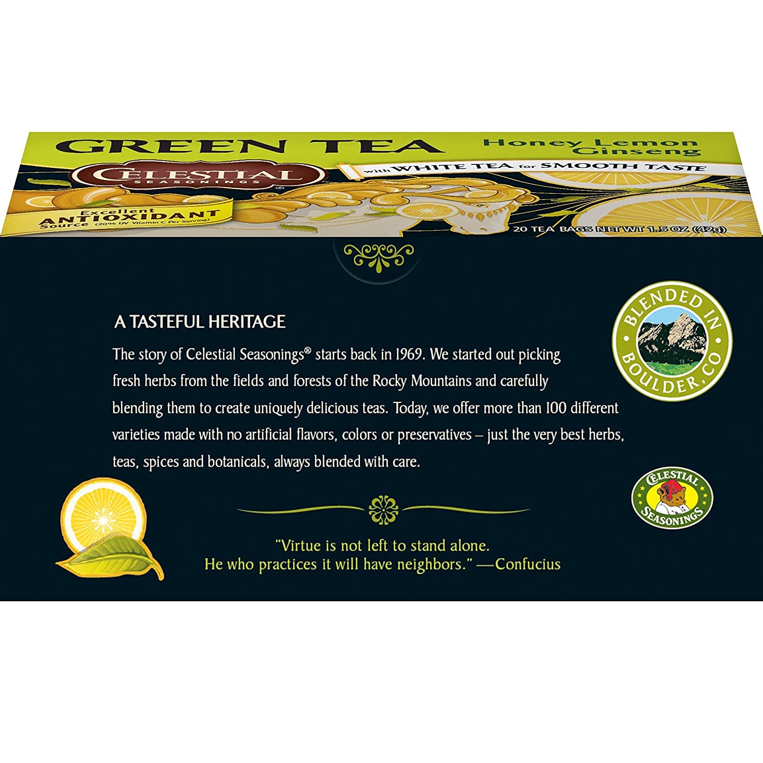 Box shows 20 tea bags of Celestial Seasonings Honey Lemon Ginseng Green Tea for easy daily enjoyment.