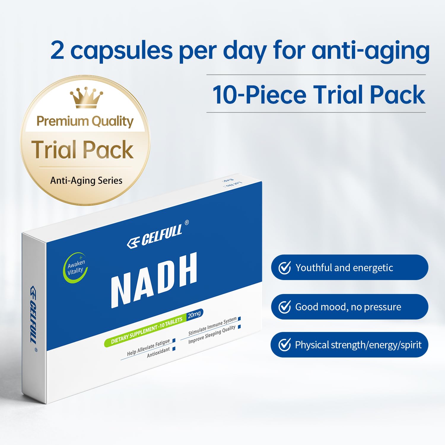 CELFULL NADH tablets close-up highlighting small, easy-to-swallow design