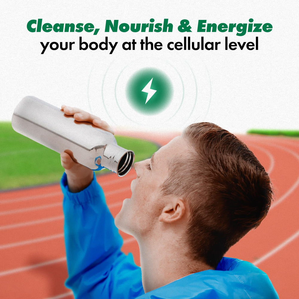 Cell Power Oxygen Drops being poured into a glass demonstrates quick, convenient hydration.
