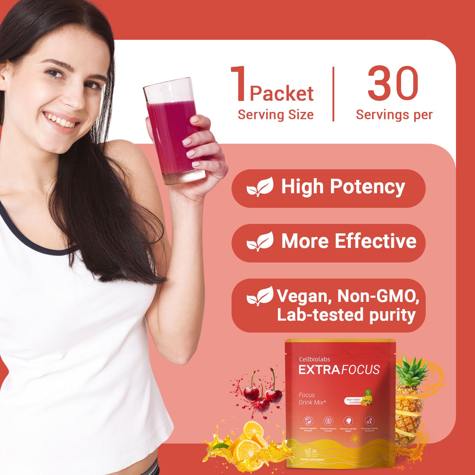 Bright fruity splash from Cellbiolabs Extra Focus suggests a flavorful pick-me-up.