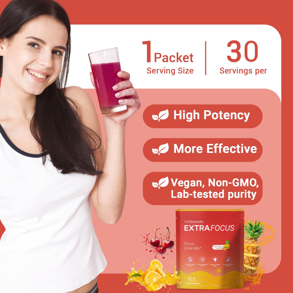 Bright fruity splash from Cellbiolabs Extra Focus suggests a flavorful pick-me-up.