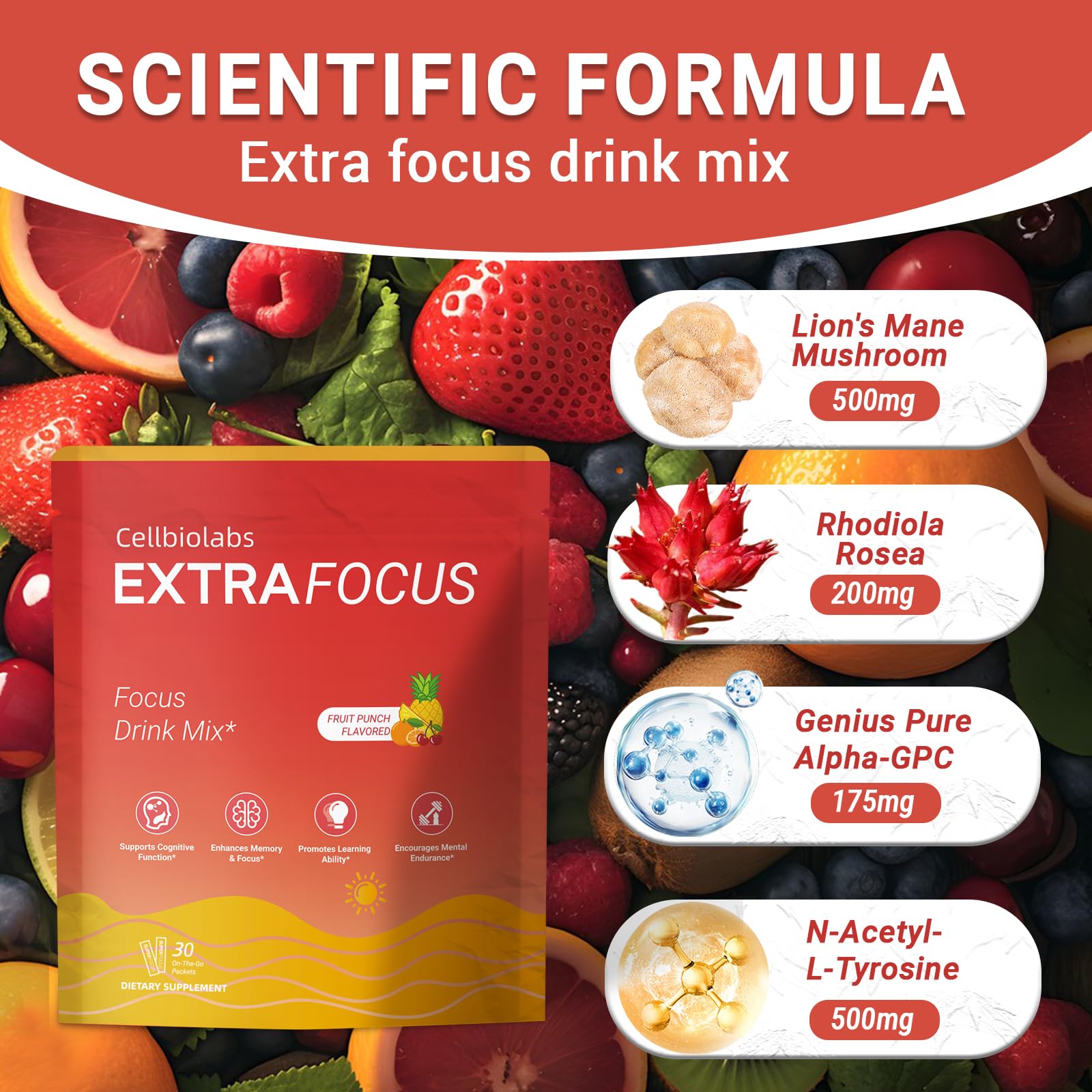 Glass with Cellbiolabs Extra Focus drink showing a refreshing sugar-free beverage.