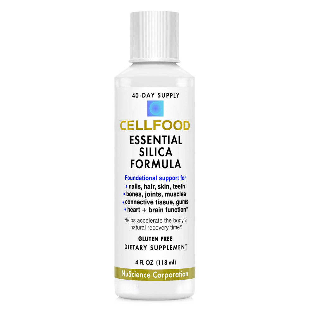 Cellfood Essential Silica bottle close-up highlighting the liquid formula for easy use