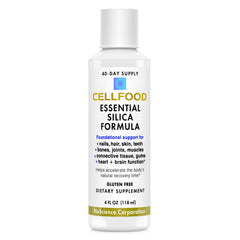 Cellfood Essential Silica bottle close-up highlighting the liquid formula for easy use