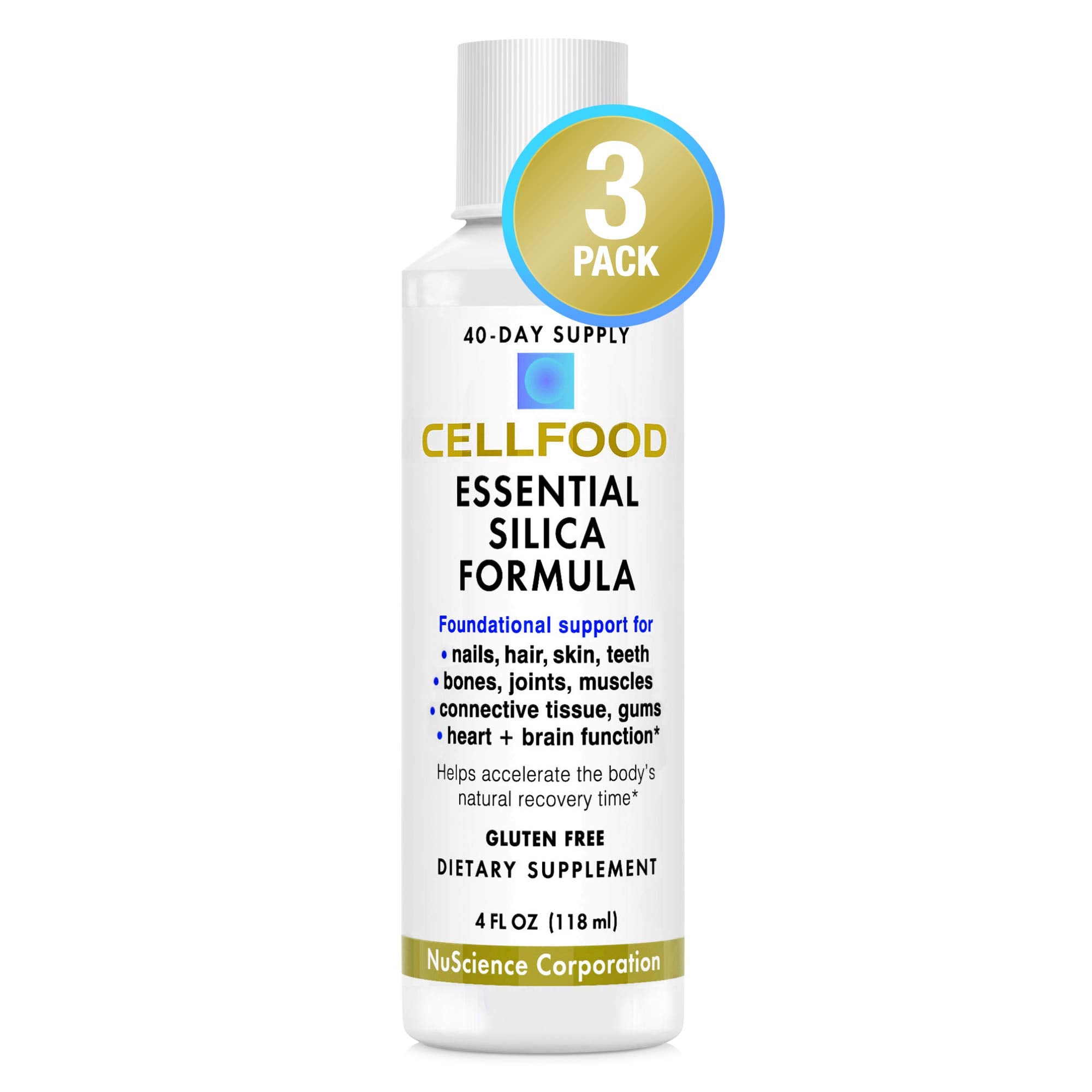 Cellfood Essential Silica bottle pour showing easy dosing for daily joint and skin support.