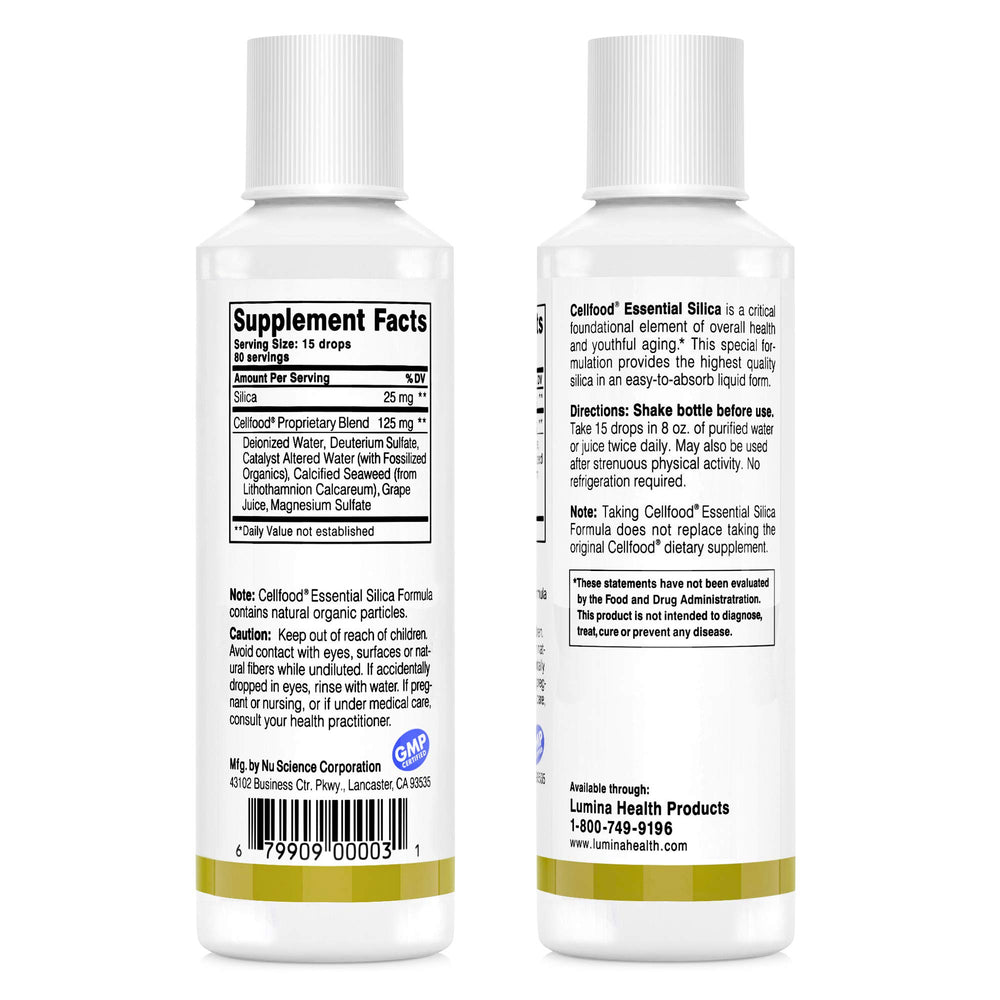 Cellfood Essential Silica bottle pour demonstrates easy dispensing for daily use and absorption.