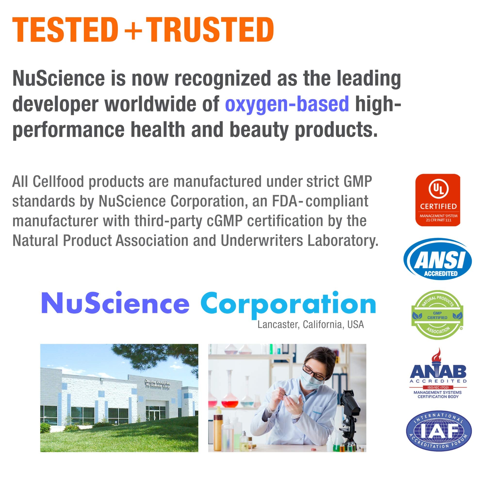 Cellfood Essential Silica label information shows serving size and purity details.