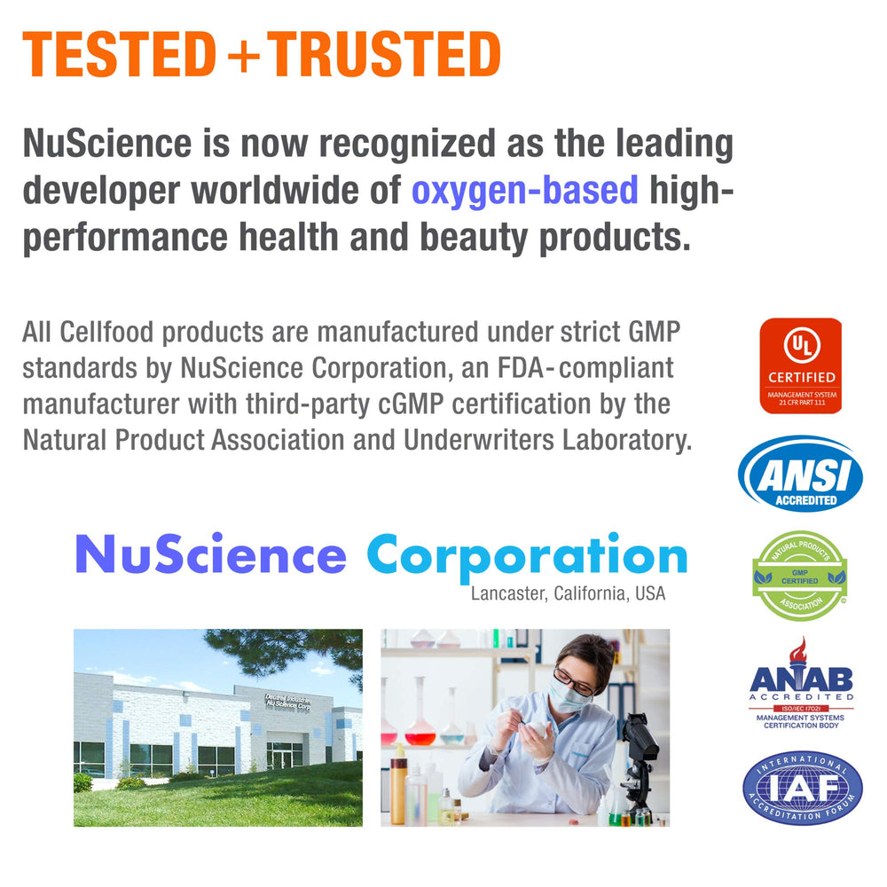 Cellfood Essential Silica label information shows serving size and purity details.
