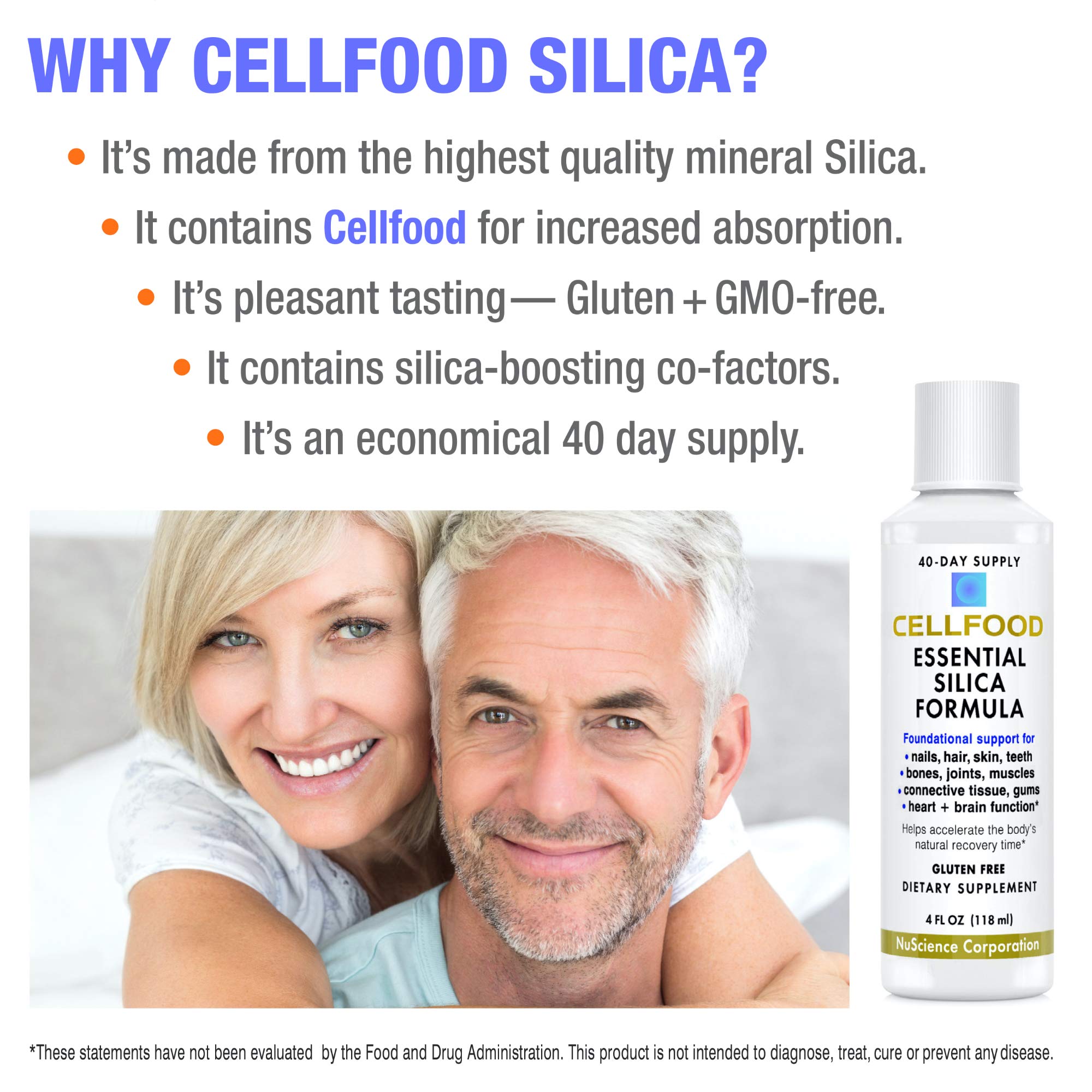 Cellfood Essential Silica liquid ingredients panel highlights trace minerals for balanced nutrition.