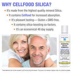 Cellfood Essential Silica liquid ingredients panel highlights trace minerals for balanced nutrition.