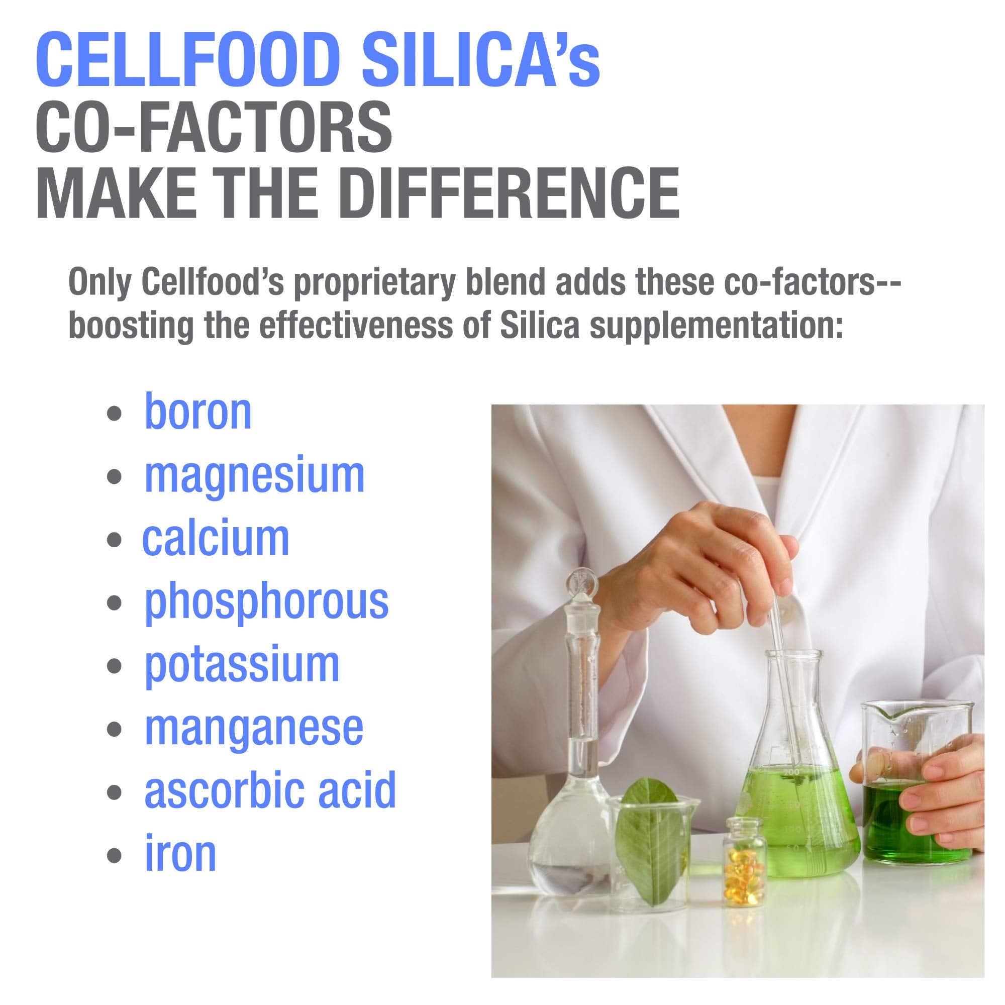 Cellfood Essential Silica packaging view highlights gluten-free and non-GMO attributes.