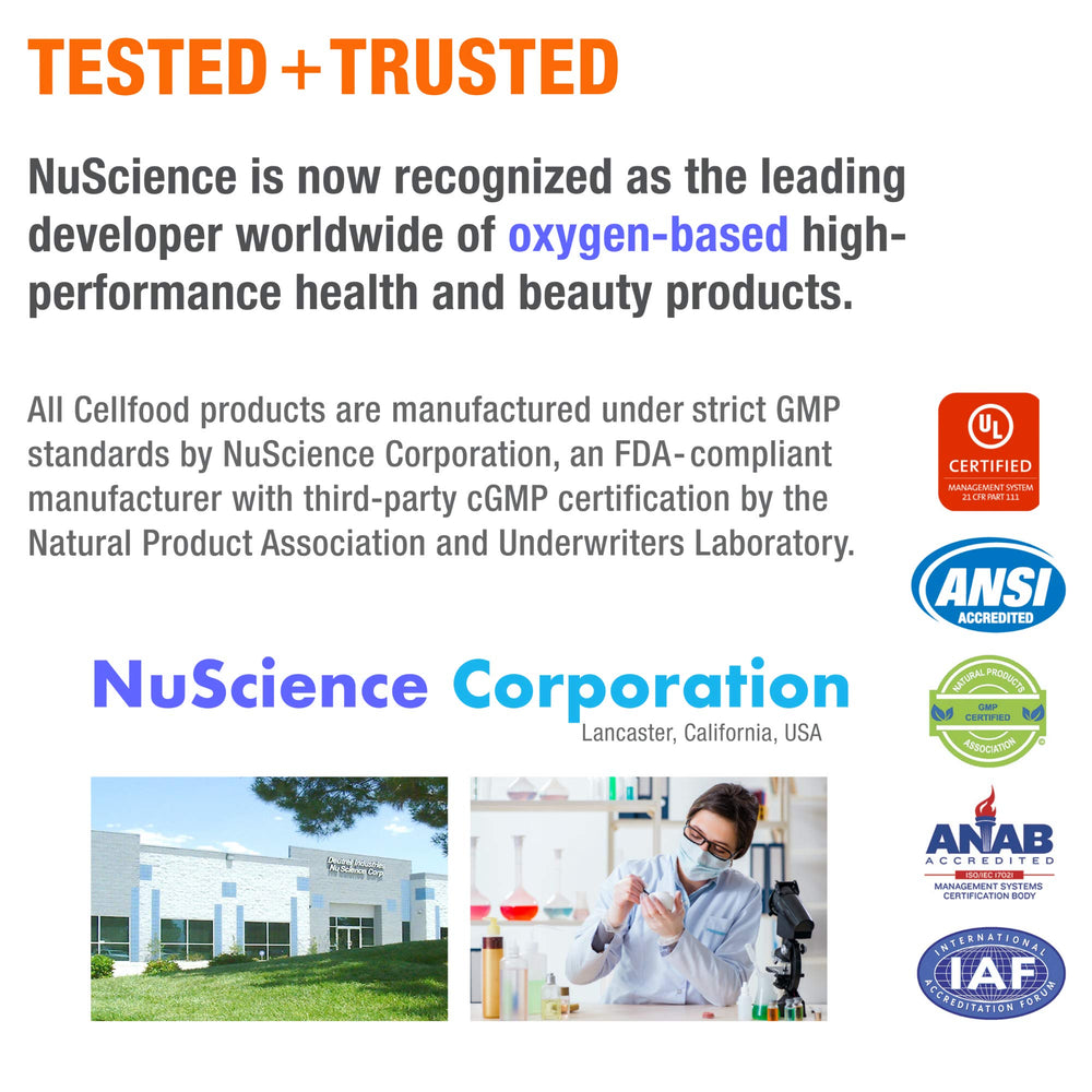 Cellfood Oxygen Boost packaging with certification icons