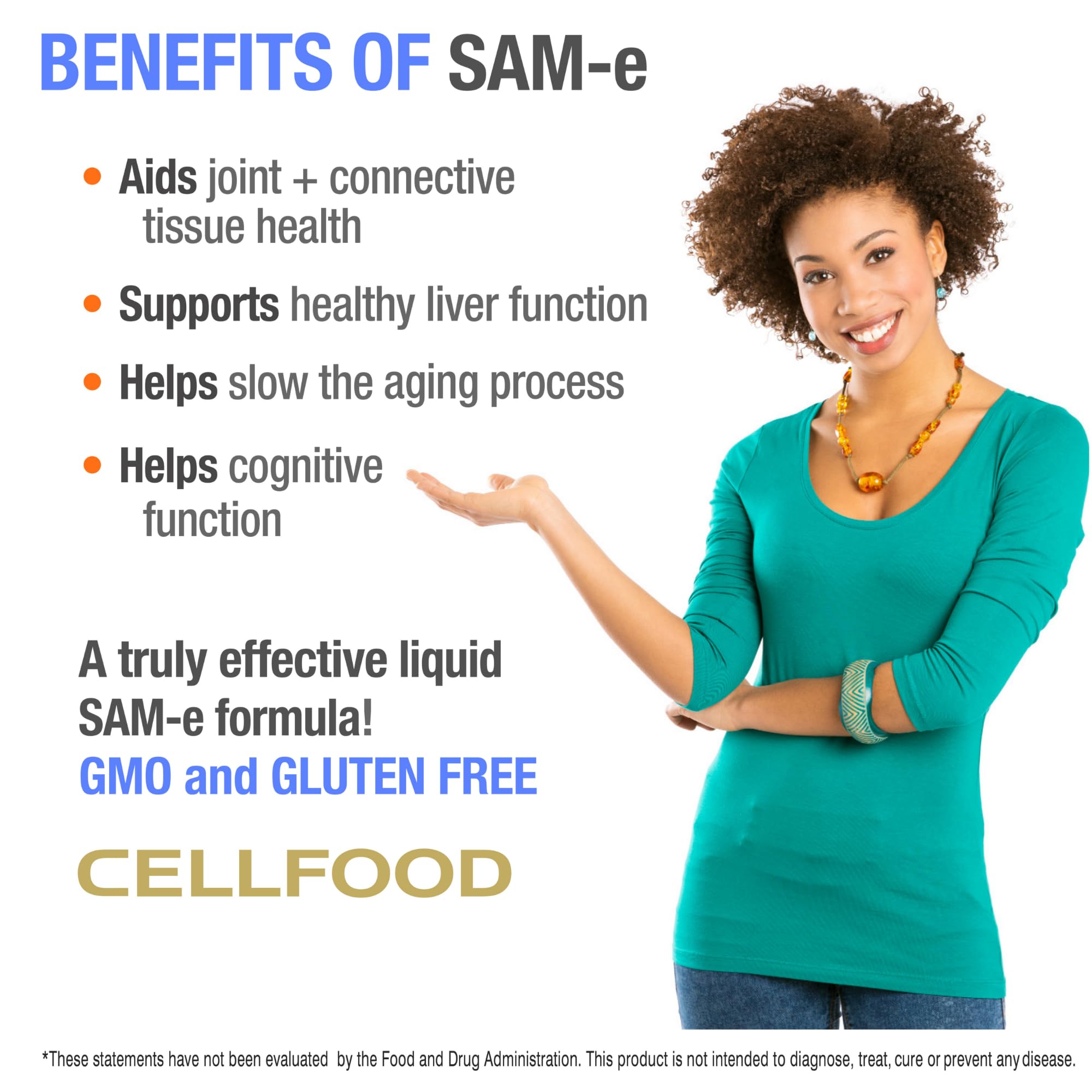 Gluten-free and non-GMO badge on Cellfood SAM-e packaging