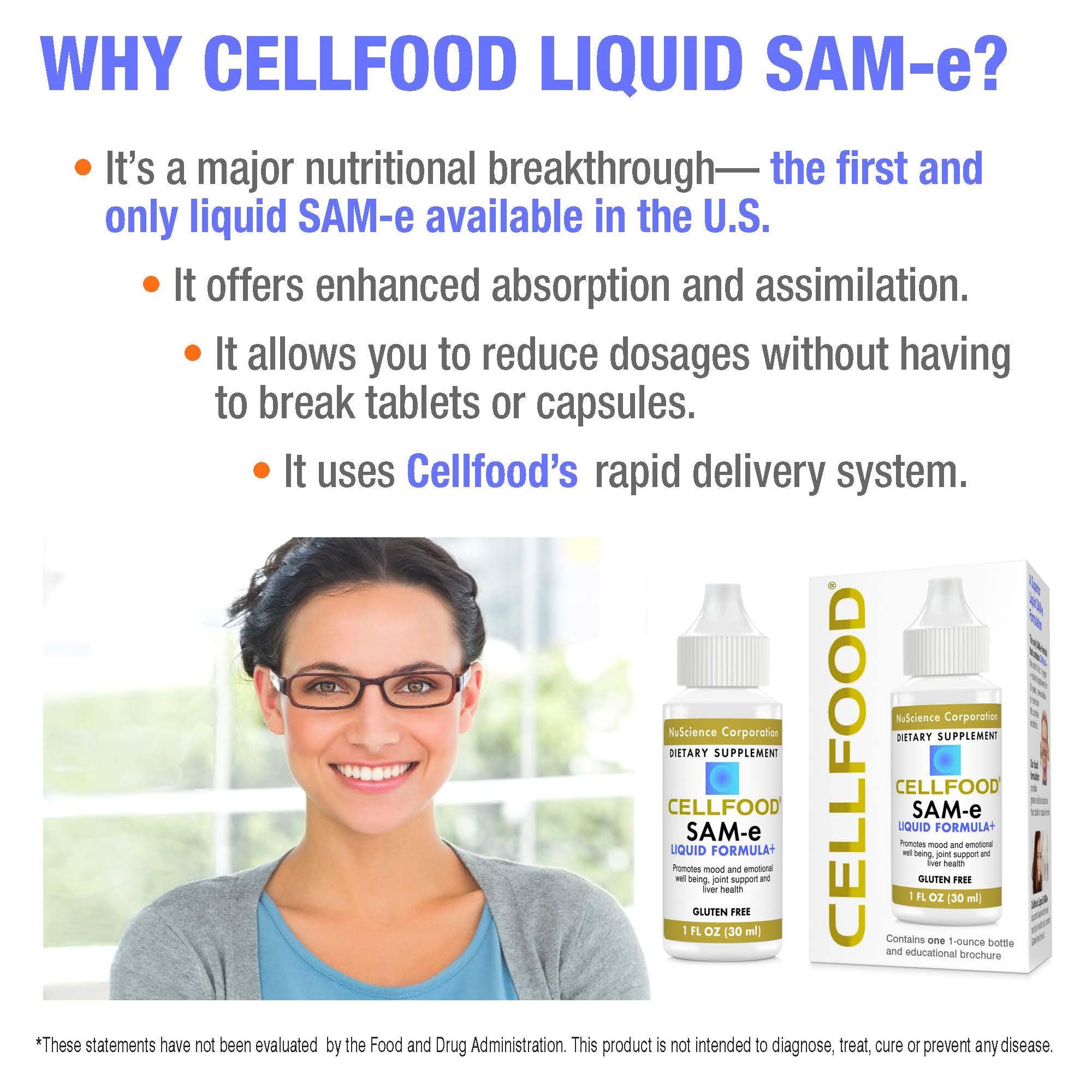 Cellfood SAM-e bottle label emphasizes gluten-free and non-GMO ingredients