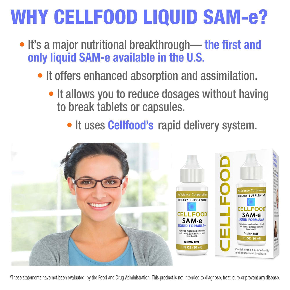 Cellfood SAM-e bottle label emphasizes gluten-free and non-GMO ingredients