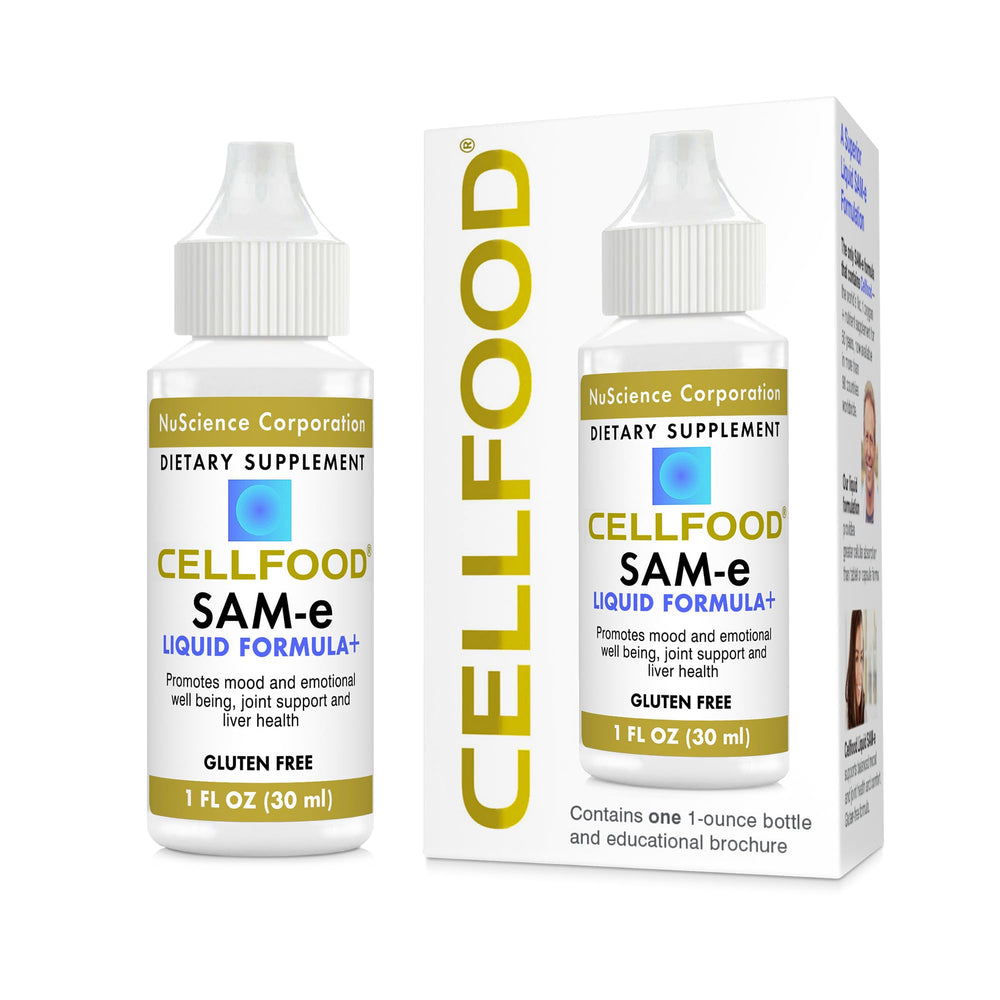 Cellfood SAM-e liquid bottle highlights easy daily joint and liver support