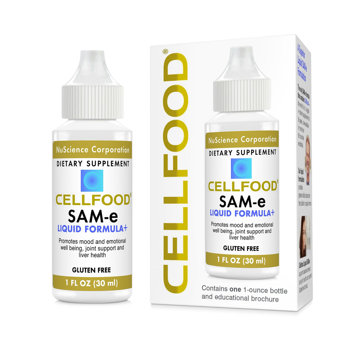 Cellfood SAM-e liquid bottle highlights easy daily joint and liver support