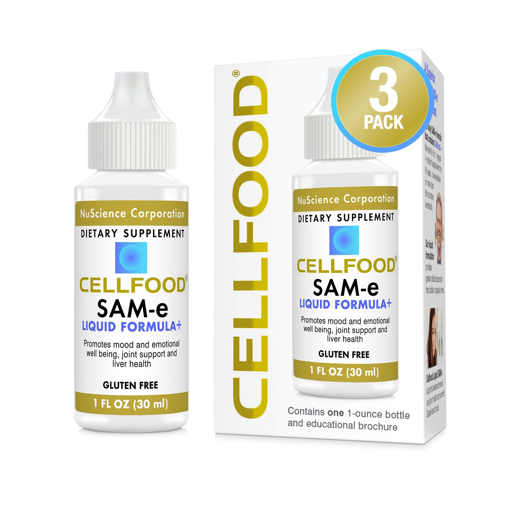 Cellfood SAM-e Liquid Formula bottle for easy mood-support dosing.