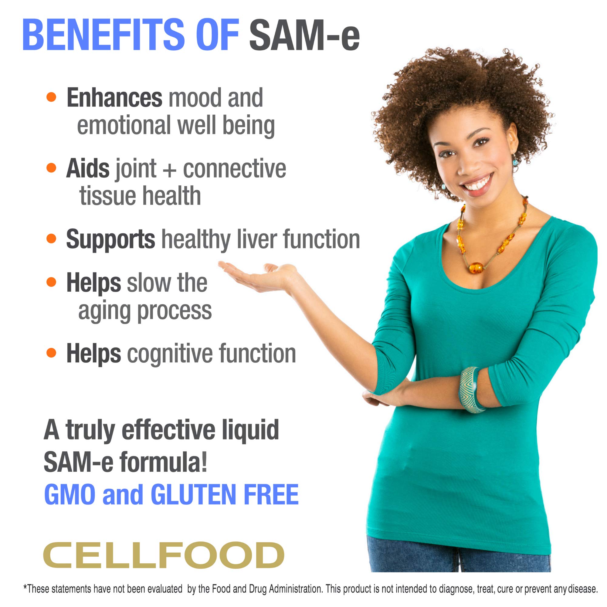 Cellfood SAM-e Liquid Formula label emphasizes gluten-free status.