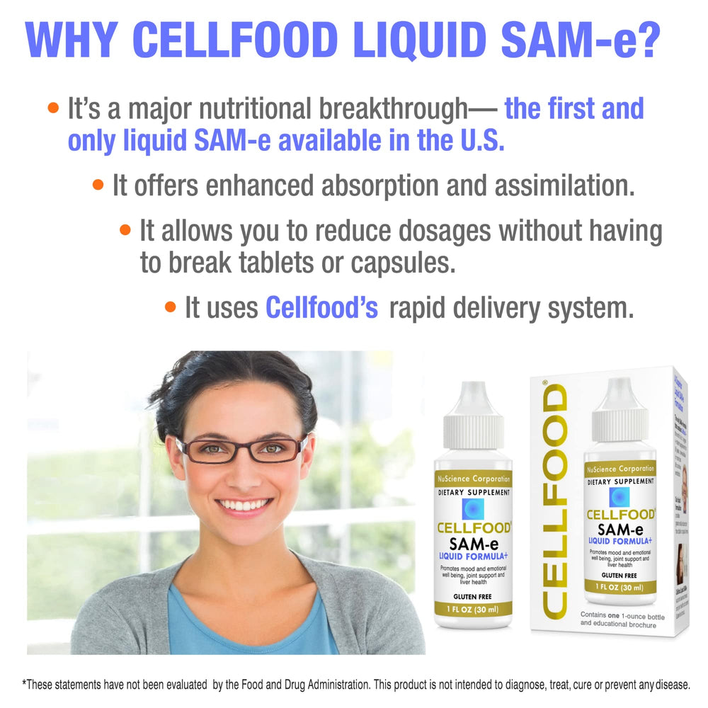 Cellfood SAM-e Liquid Formula+ label close-up highlighting gluten-free, non-GMO details.