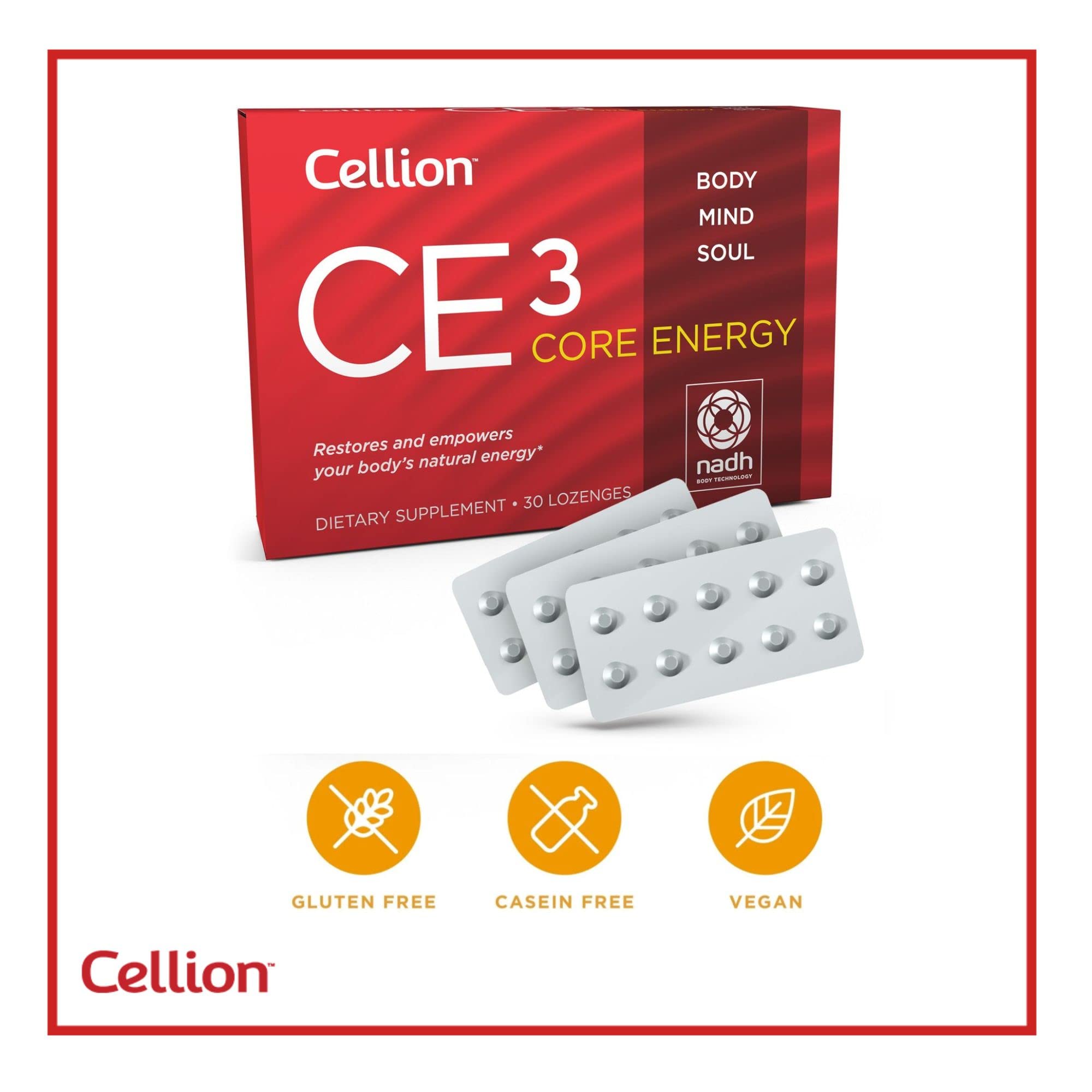 Cellion CE3 core energy capsules on label highlighting vegan formula