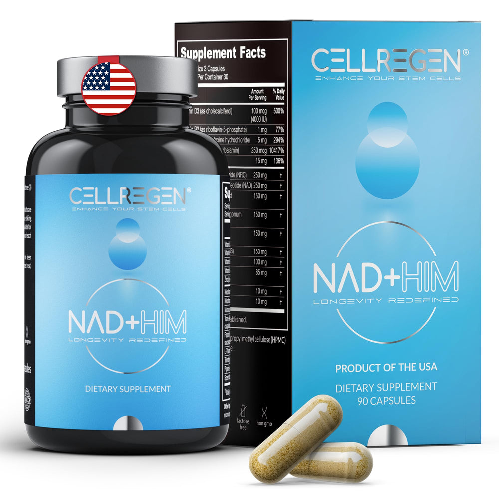 Cellregen NAD-HIM bottle on a desk supporting daily energy balance for men