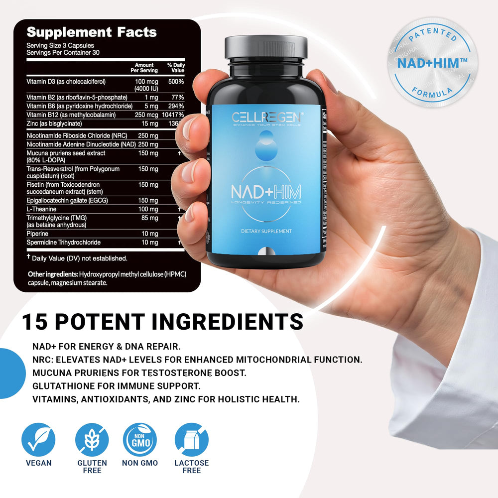Close-up of Cellregen NAD-HIM capsules emphasizing veggie capsules for daily use