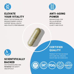Cellregen NAD-HIM label close-up highlighting non-GMO, gluten-free formula