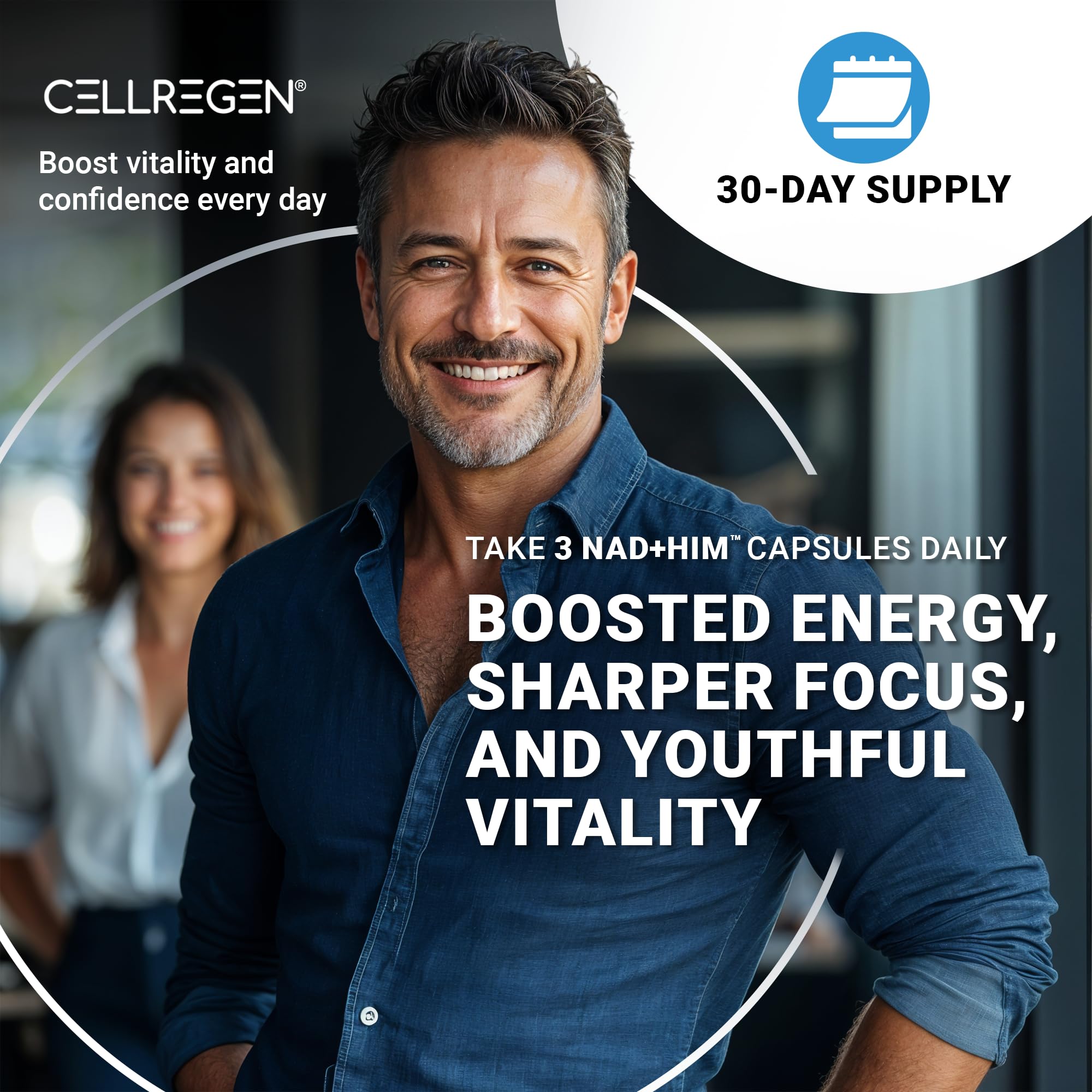 Cellregen NAD-HIM packaging shows 90 capsules per bottle