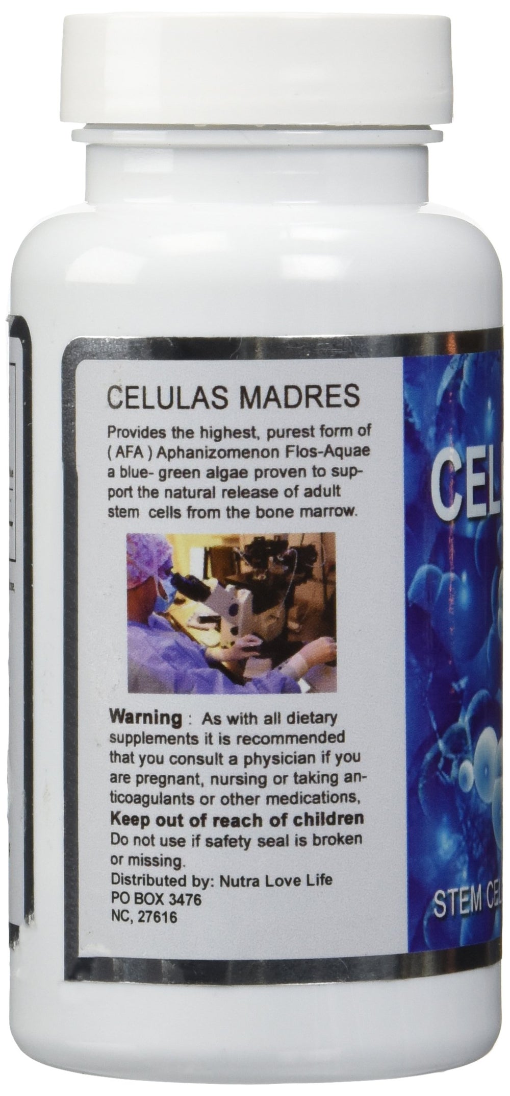 Celulas Madres Stem Cell Enhancer label highlights key ingredients for wellness.