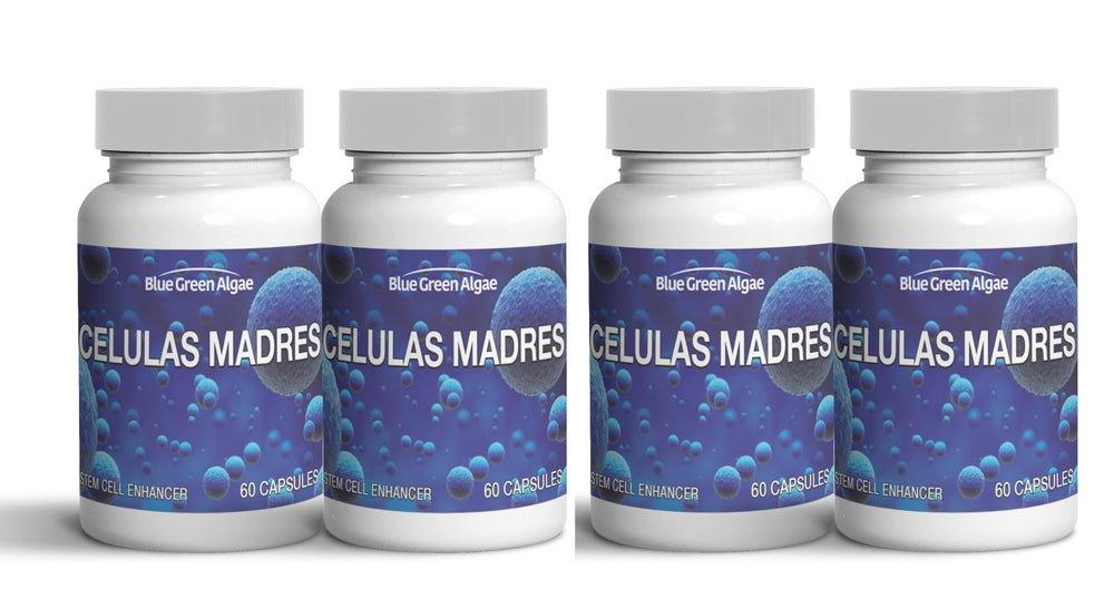 Celulas Madres bottle front view, plant-based stem cell support for healthy aging.