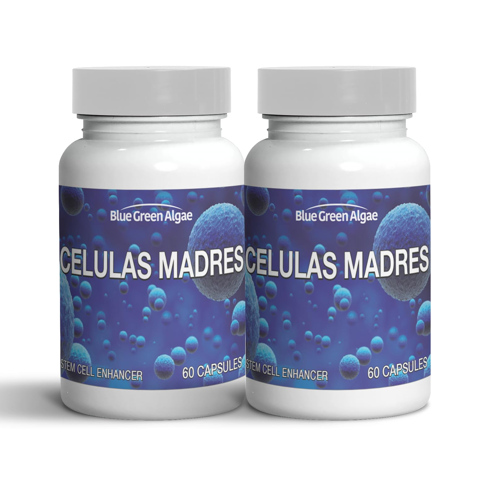 Celulas Madres bottle label close-up showing Non-GMO and gluten-free capsules.
