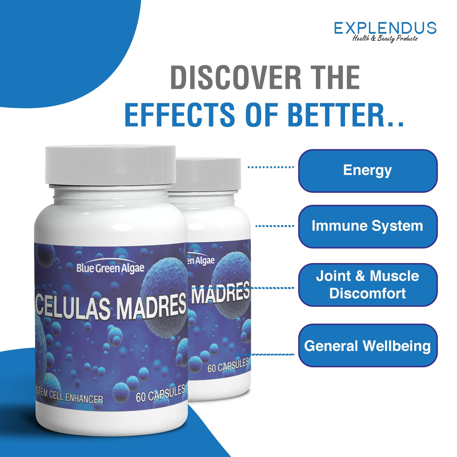 Celulas Madres capsules pack arranged for daily wellness routines.