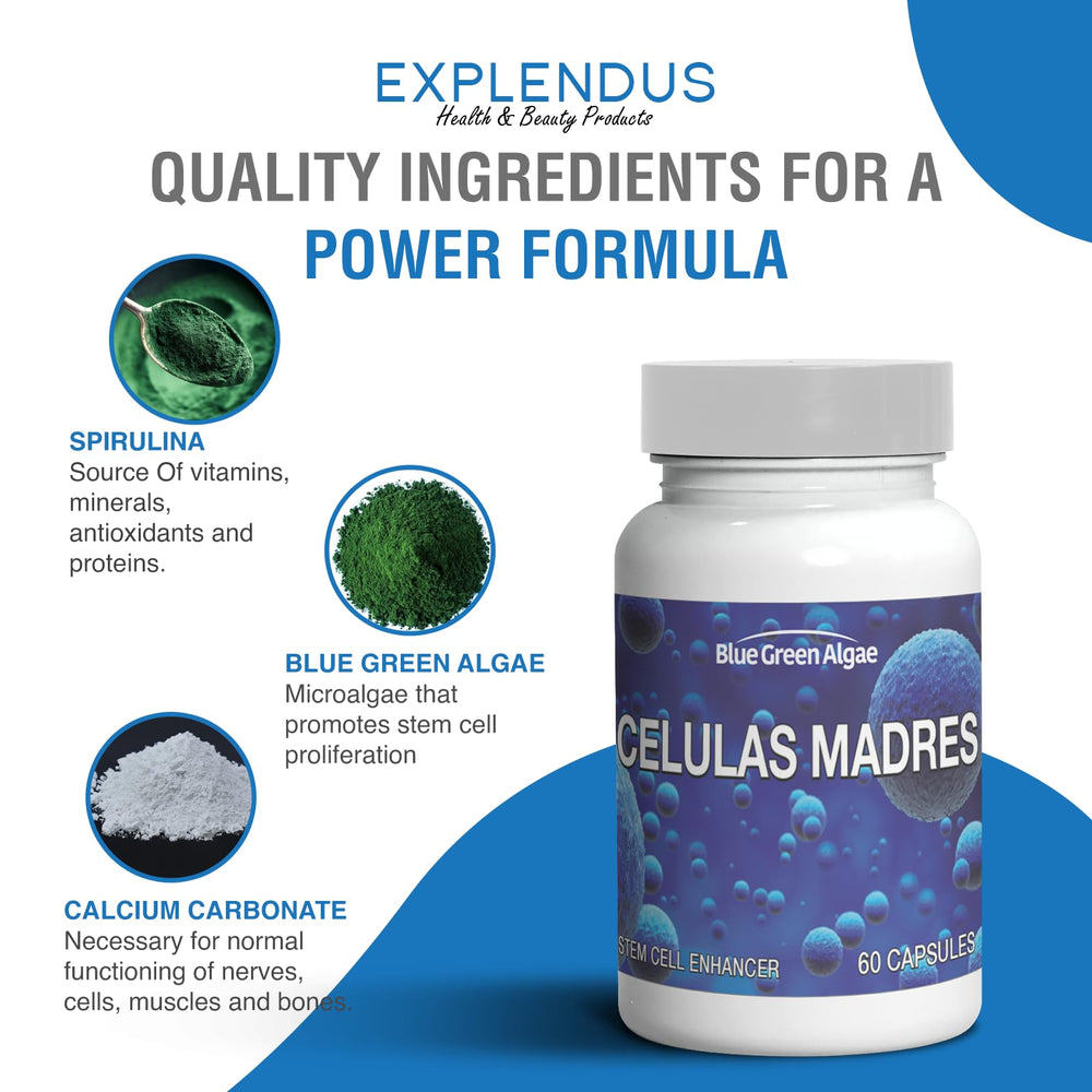Celulas Madres capsules close-up, plant-based formulation emphasized.
