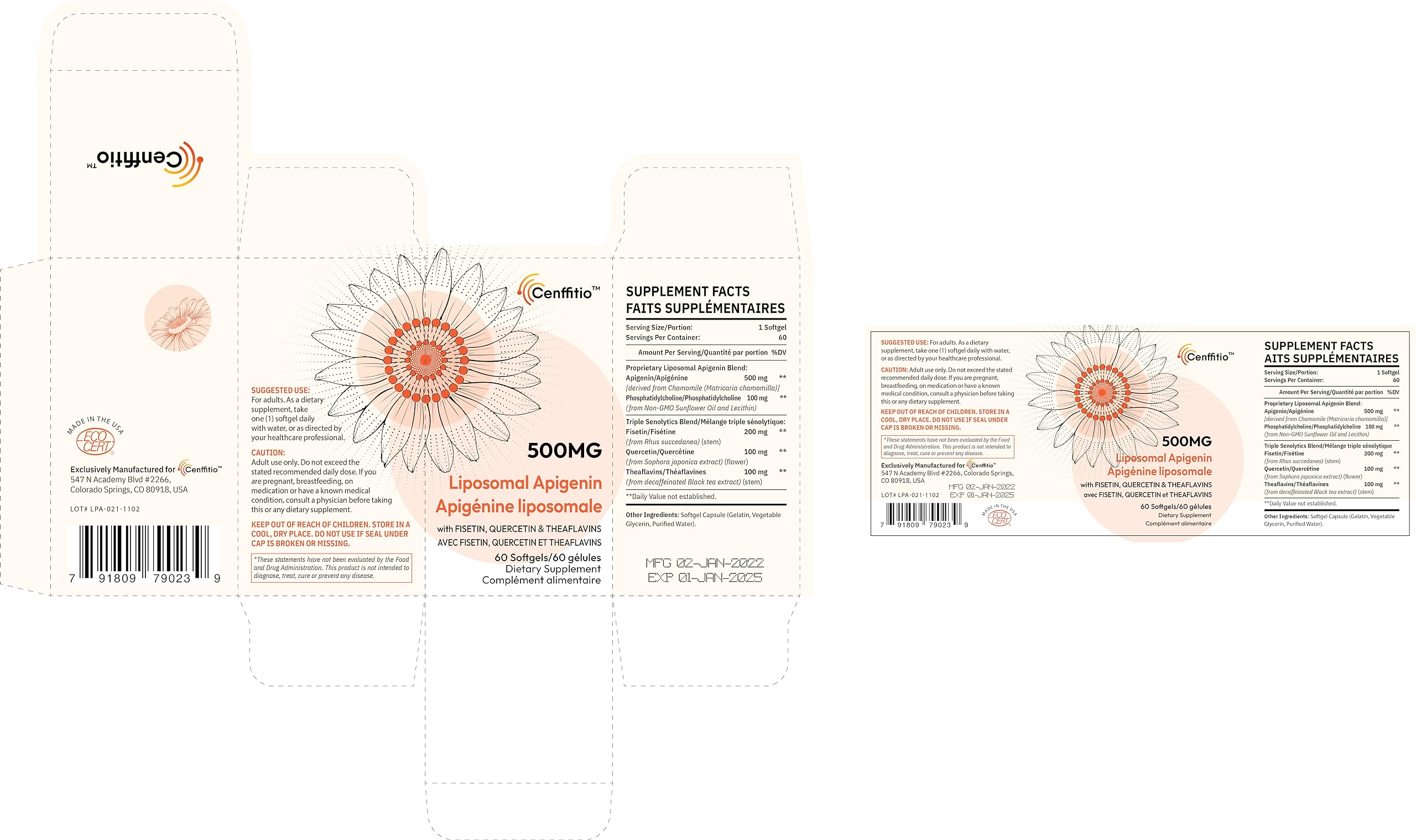 Cenffitio apigenin and senolytics blend ingredients highlighting fisetin quercetin and theaflavins