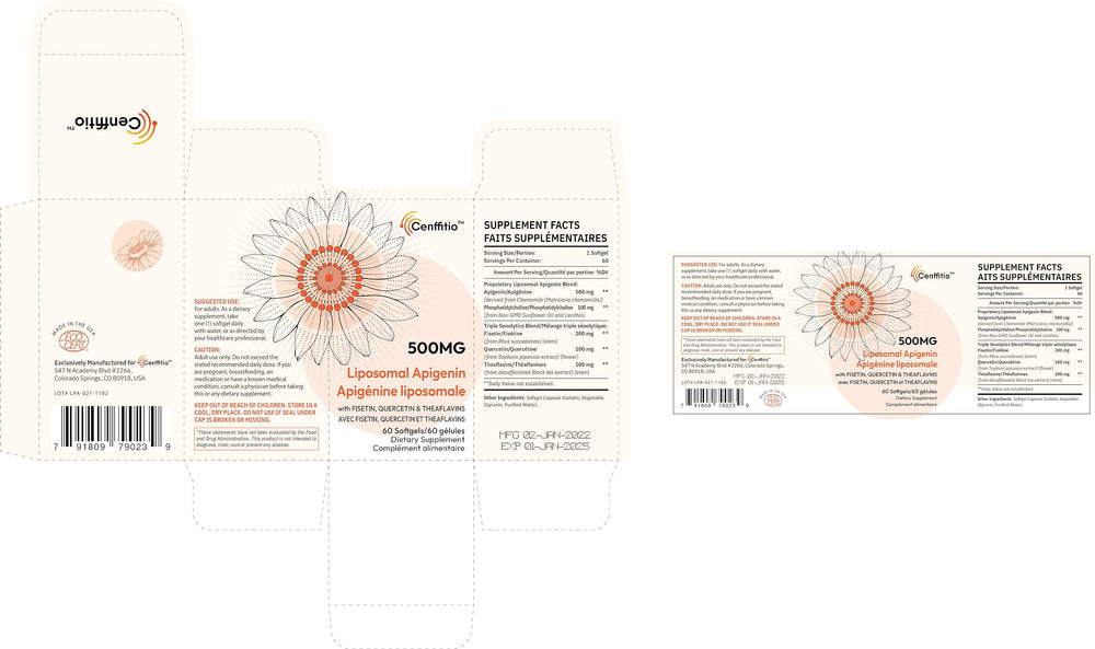 Cenffitio apigenin and senolytics blend ingredients highlighting fisetin quercetin and theaflavins