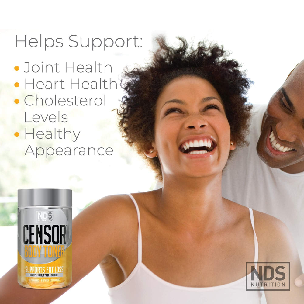 Censor bottle back label detailing CLA benefits for targeted toning.