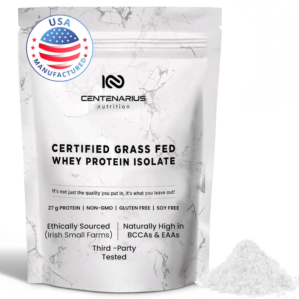 Centenarius Premium Whey Protein Canister front view for high-quality protein for active lifestyles.