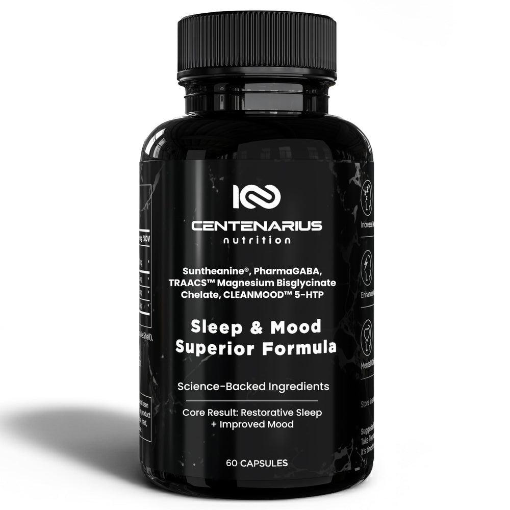 Centenarius Sleep + Mood bottle front suggests calm evenings and potential restful sleep.