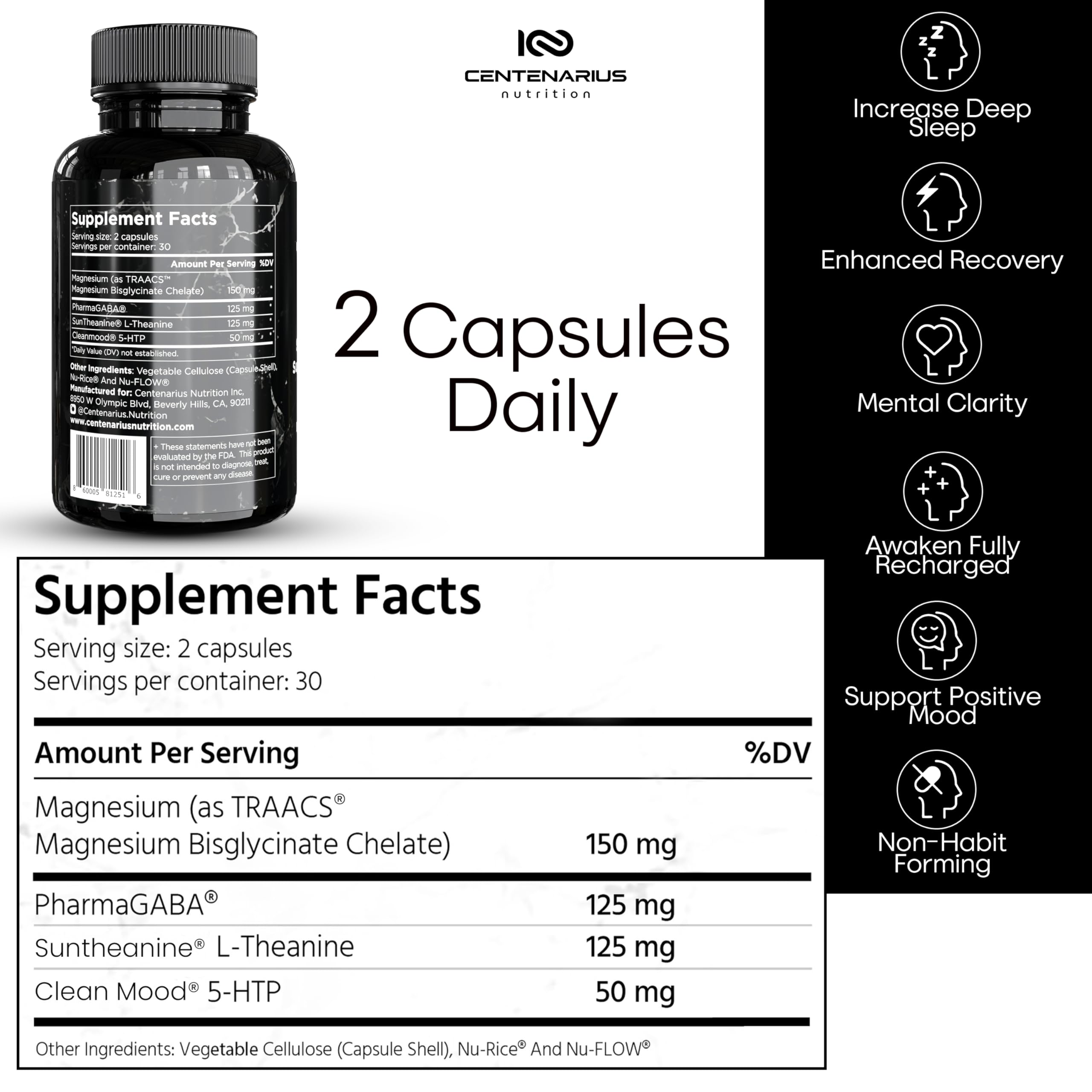 Centenarius Sleep + Mood bottle label highlights key ingredients for daytime mood support.