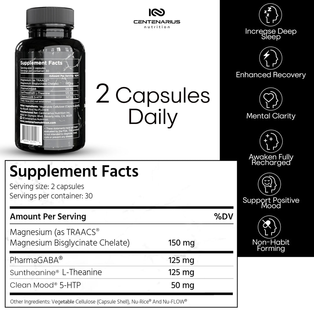 Centenarius Sleep + Mood bottle label highlights key ingredients for daytime mood support.