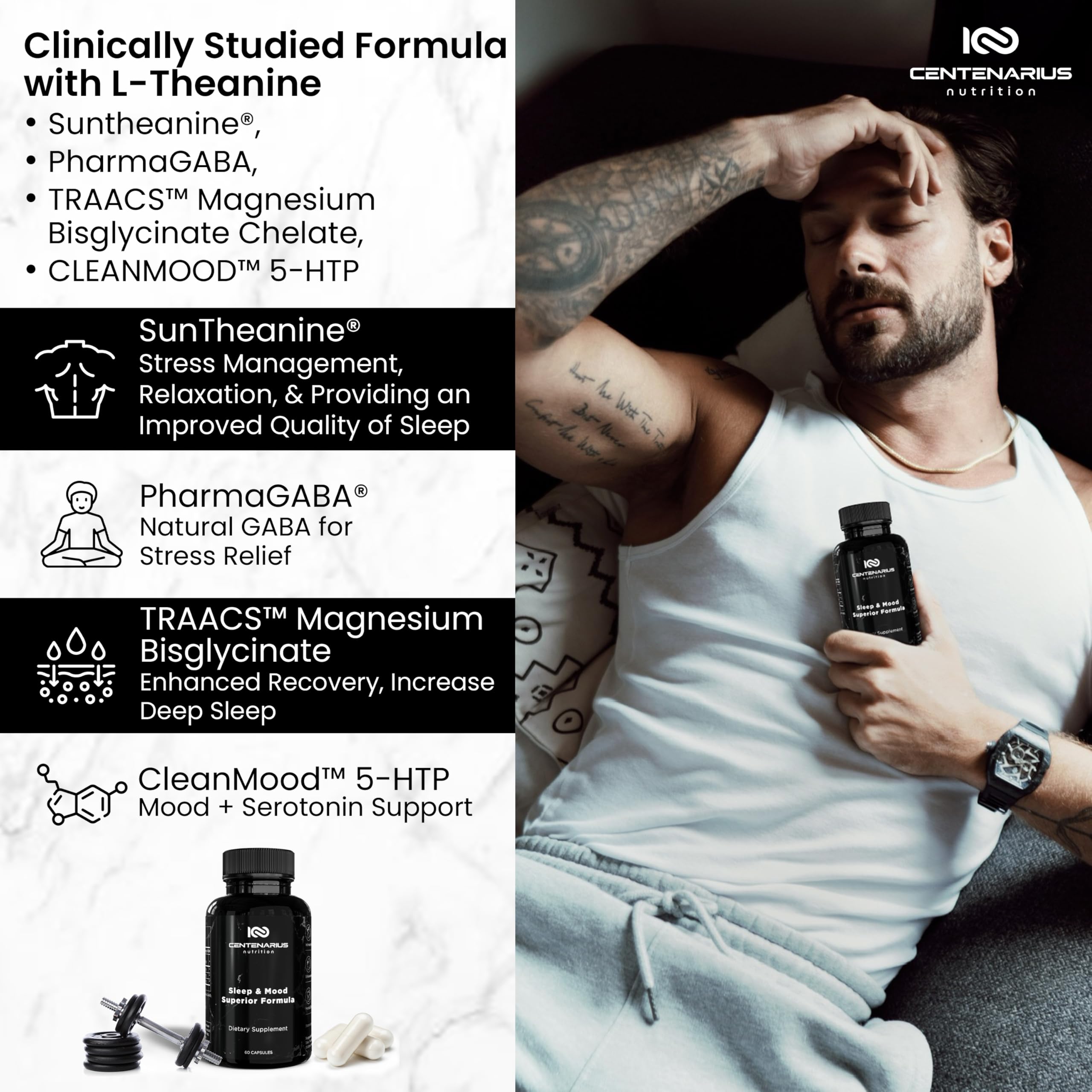 Centenarius Sleep + Mood capsules closeup showing easy nightly use.