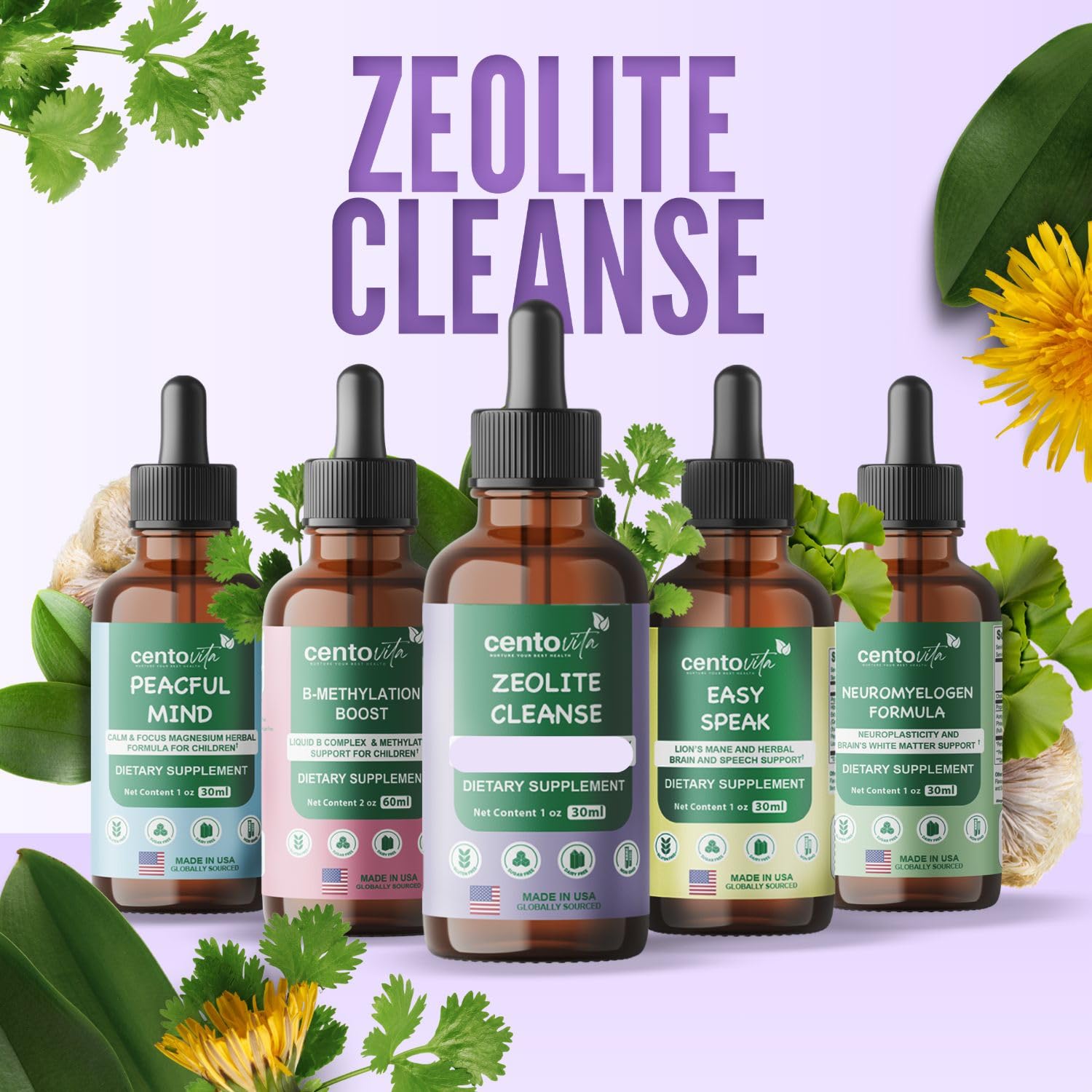 Centovita Zeolite Cleanse Drops highlights non-GMO and allergen-free safety.