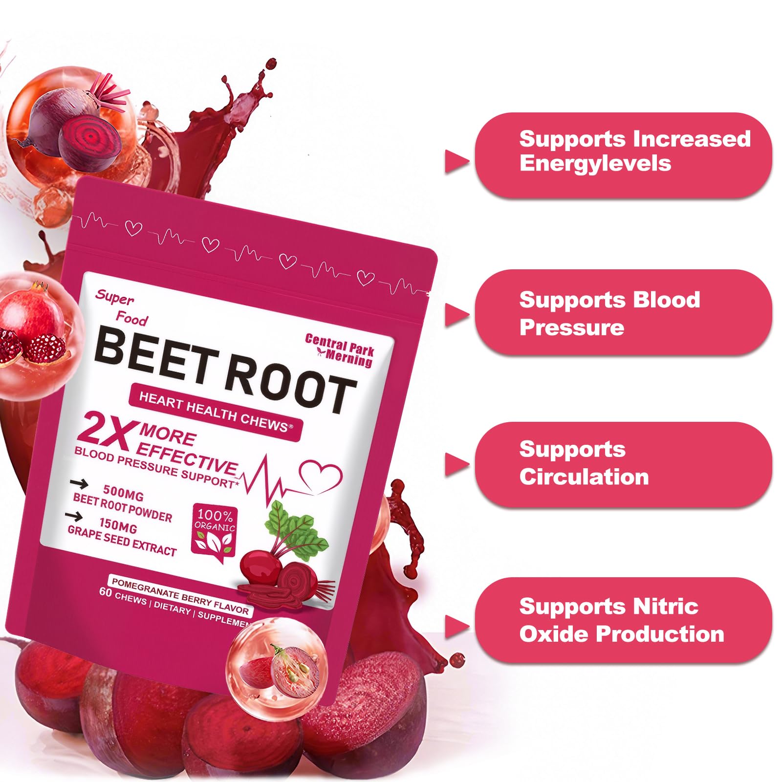 Central Park Morning Beet Root Chews with 500mg beet root powder per serving for daily energy support.