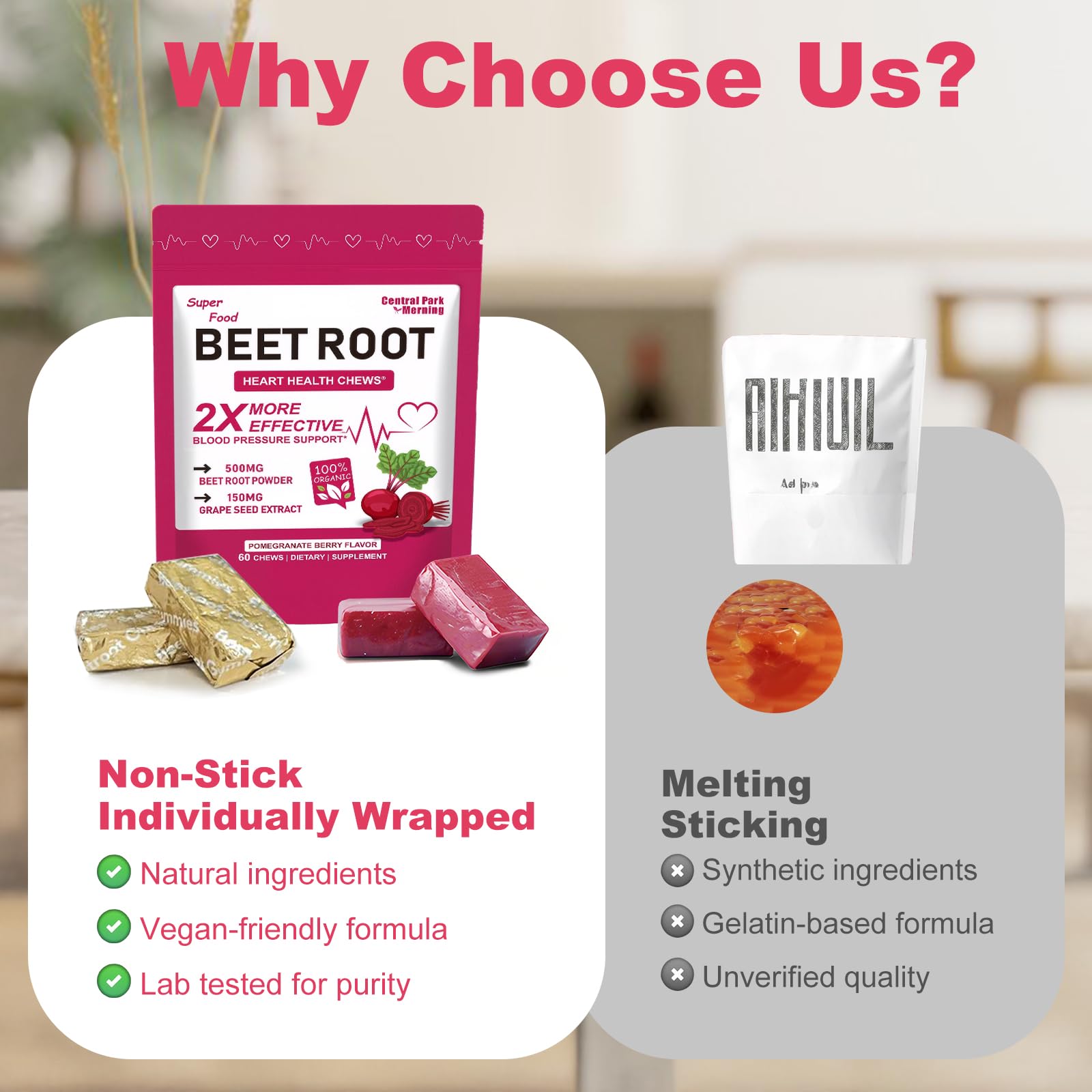 Central Park Morning Beet Root Chews individually wrapped for on-the-go wellness.
