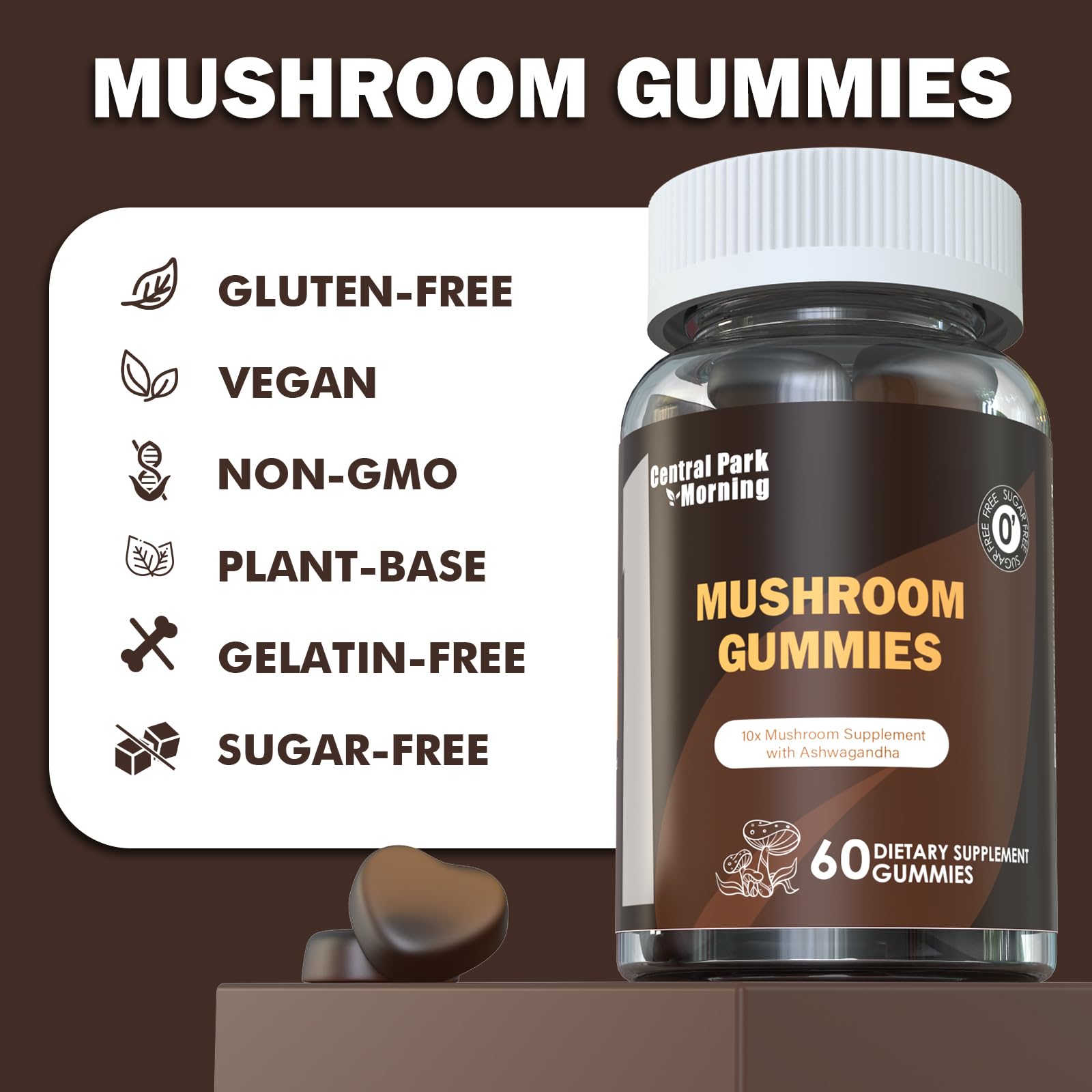 Central Park Morning Mushroom Gummies visual features Ashwagandha for potential energy support.