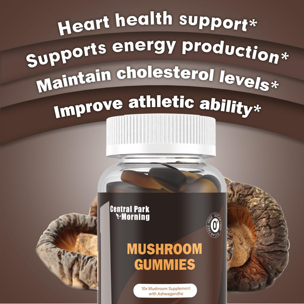 Central Park Morning Mushroom Gummies graphic shows a 10-mushroom blend for daily support.